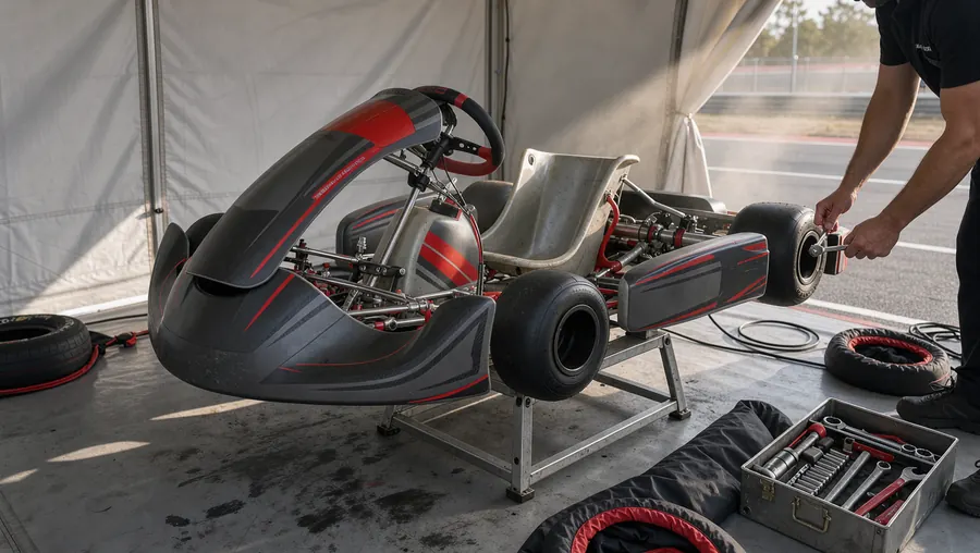 Kart sul cavalletto sotto la tenda del box