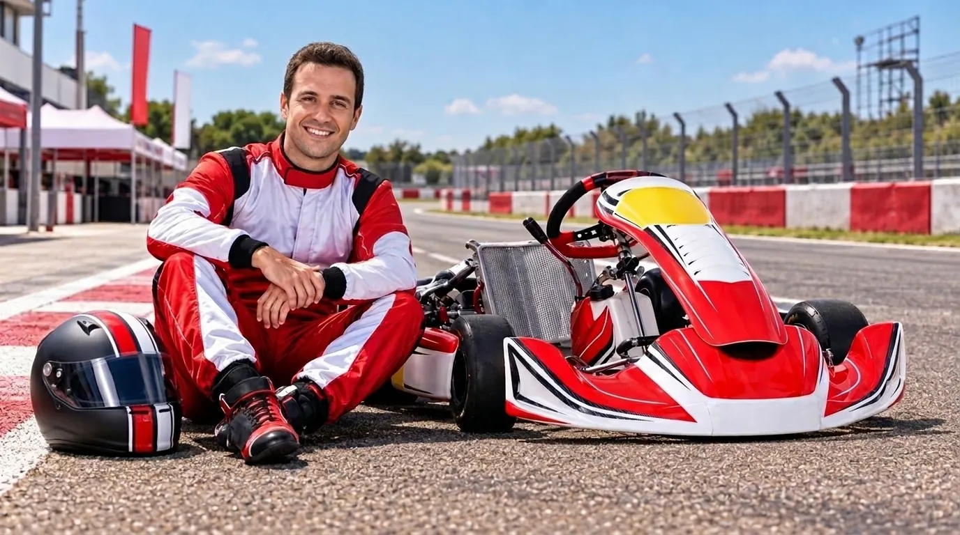 Pilota seduto in pista accanto al suo kart, con il casco appoggiato a terra