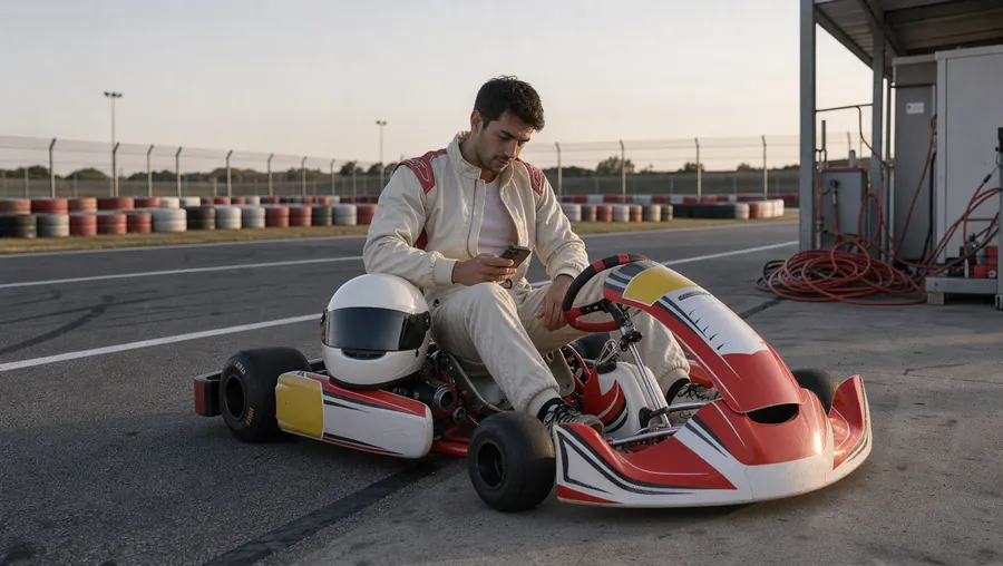 Pilota seduto sul kart che scrive dal telefono