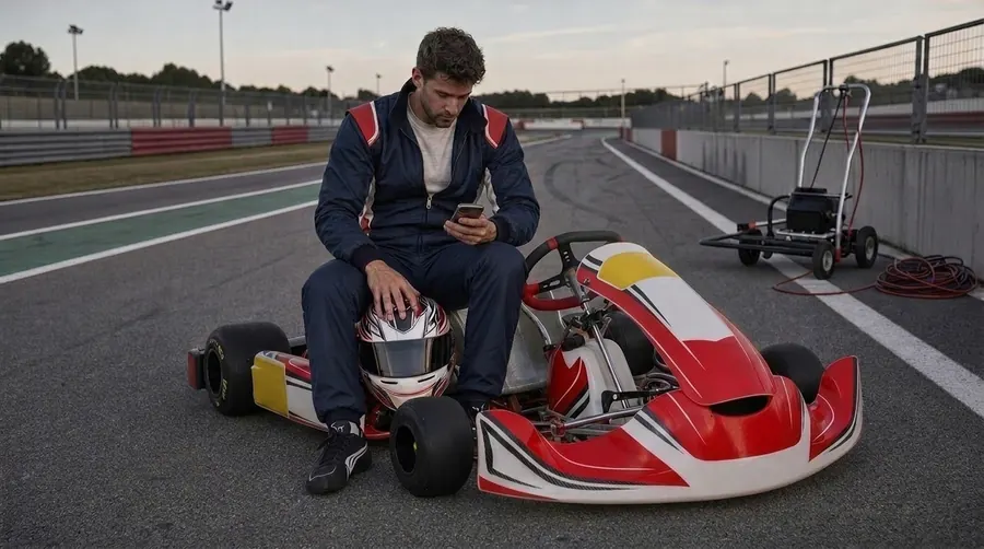 Pilota seduto sul kart che guarda il telefono