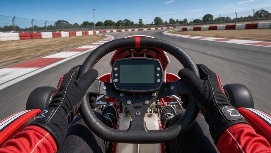 Volante del kart con il display del logger, in pista
